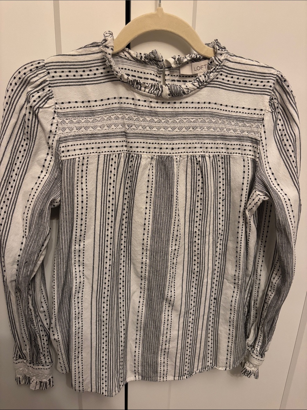 LOFT White and Black Striped Ruffle-Neck Long Sleeve Top